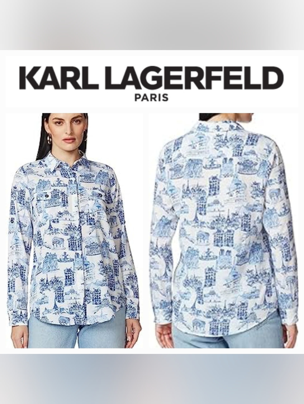 KARL LAGERFELD PARIS Blue & White Whimsical Print Plus Size Blouse 2X NWT